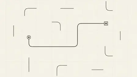 A minimalist puzzle game interface featuring a light beige background with thin dark lines. A continuous line perfectly connects a circle icon on the left to a square icon on the right, while disconnected, scattered line segments and corners surround the main completed path