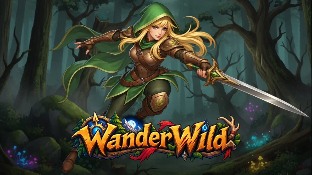 Wander Wild game banner featuring a blonde female fantasy hero wearing a green hooded cloak and leather ranger armor. She is leaping dynamically through a dark, atmospheric forest with a glowing sword drawn in her hand. Below her is the stylized 3D title logo 'Wander Wild' crafted from carved wood, gold, and vibrant green leaves.