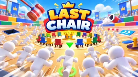 Bright 3D gameplay arena of Last Chair showing dozens of white characters running toward a central circle of colorful chairs and a giant golden crown, with obstacle course elements like hammers and speed boosts visible in the background
