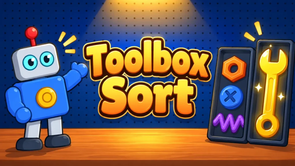 A friendly 2D blue robot standing on a wooden workbench next to the Toolbox Sort title, pointing at black sorting trays containing a colorful nut, a screw head, a spring, and a glowing golden wrench.