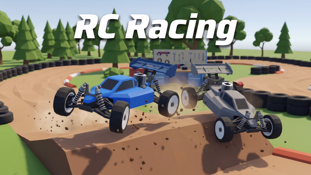 Two 1:8 scale nitro RC buggies, one blue and one grey, racing and catching air over a dirt track mound with a tire barrier and a repair workbench in the background in the 3D browser game RC Racing.