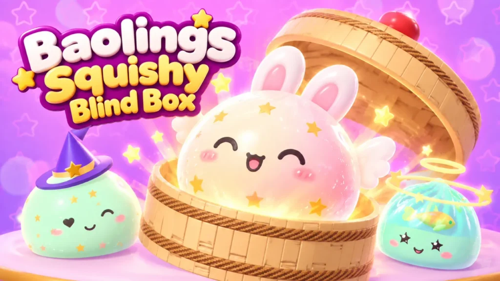 A glowing pink squishy dumpling character with bunny ears and a happy face sitting inside an open wooden bamboo steamer in Baolings: Mystery Dumpling Unbox, surrounded by a green dumpling wearing a purple witch hat and a blue translucent dumpling containing a small fish and topped with a halo, set against a purple star background.