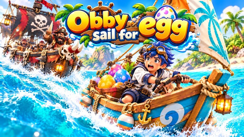 bby Sail for Egg gameplay featuring a young anime-style boy with blue hair and goggles driving a small wooden boat filled with colorful dotted eggs, desperately fleeing from a massive pirate skeleton ship on bright blue ocean waves.