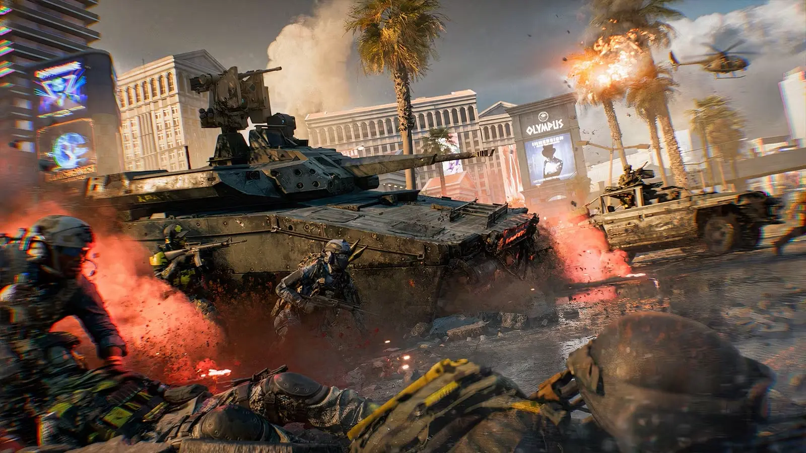Smagā militārā tehnika un kājnieki intensīvā apšaudē uz iznīcināta Lasvegasas bulvāra Battlefield 6 spēlē
