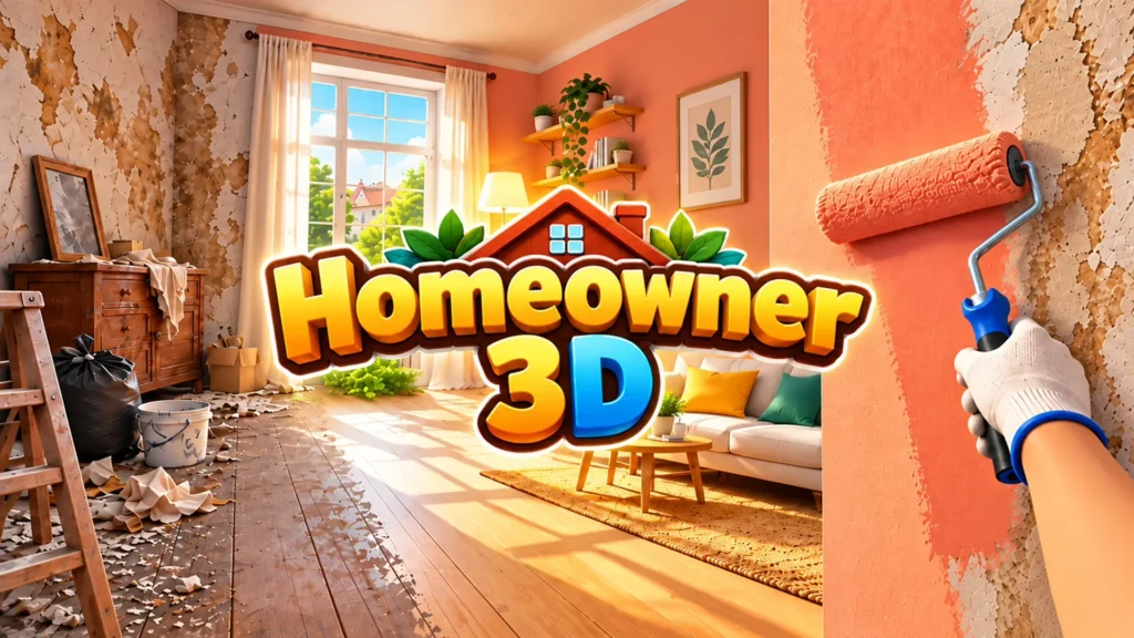 First-person view of painting a wall bright orange with a roller in the Homeowner 3D renovation simulator, featuring a beautifully decorated living room side-by-side with a messy room full of trash bags, peeled wallpaper, and a wooden ladder.