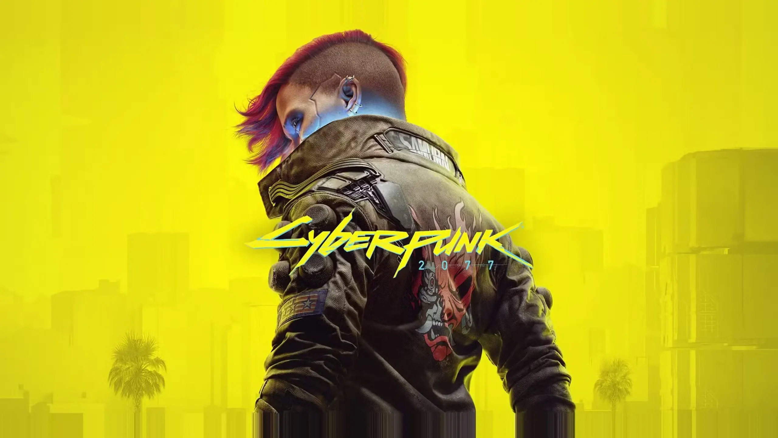 Cyberpunk 2077 galvenais varonis V ar Samurai jaku un kiber-implantiem koši dzeltenā fonā
