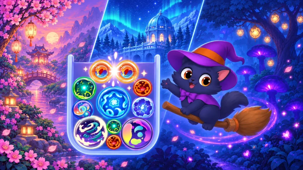 A cute black cat wearing a purple witch hat and riding a wooden broomstick next to a glowing glass jar filled with colorful magic merging balls, set against a beautiful background featuring an aurora borealis, a castle, and cherry blossoms in Purr Magic: Merge Balls.