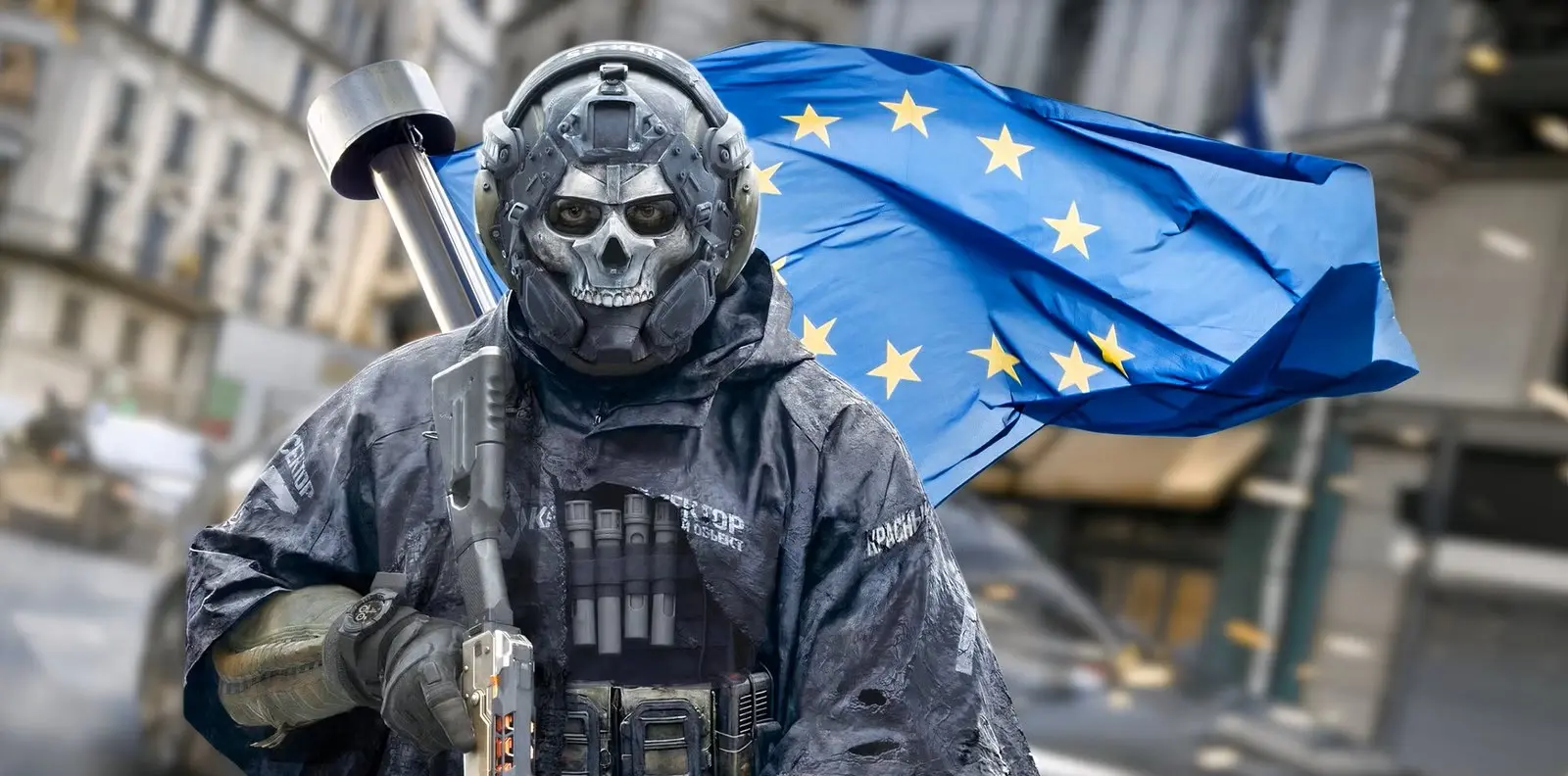 Spēles Call of Duty tēls Ghost taktiskajā ekipējumā stāv uz plīvojoša Eiropas Savienības karoga un pilsētas fona.