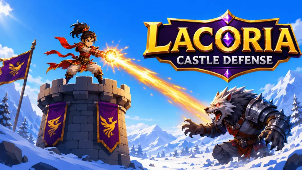 An epic fantasy battle in Lacoria Castle Defense showing a heroic mage with a red scarf standing atop a stone castle tower, firing a scorching beam of fire magic at a giant, roaring armored werewolf in a snowy mountain landscape.