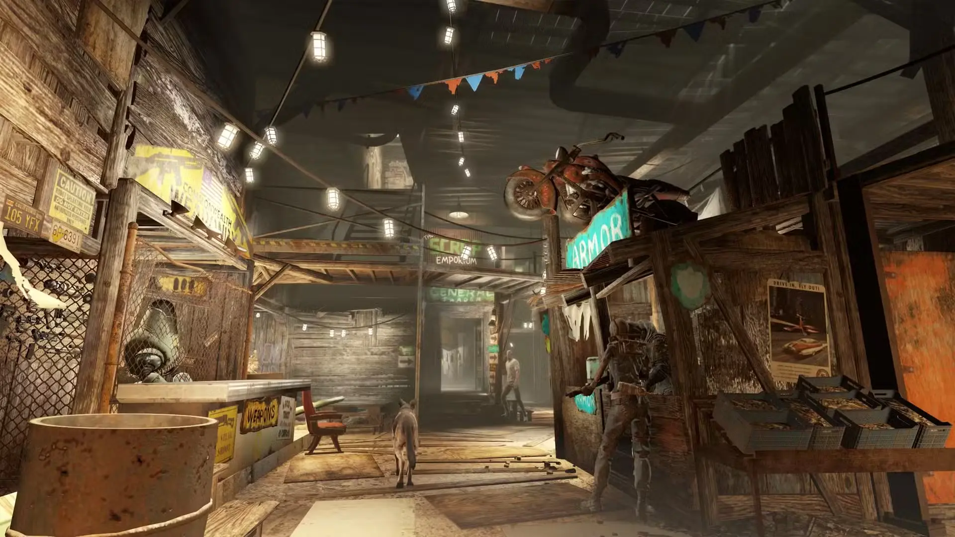 Jaunās Fallout 4 modifikācijas Detour pilsētas tirgus laukums ar ieroču un bruņu veikaliņiem