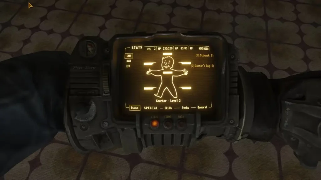 Fallout New Vegas RTX modifikācija ar path tracing apgaismojumu Pip-Boy interfeisā