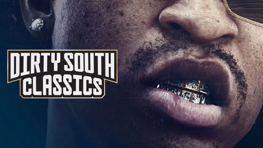 Tuvplāns ar vīrieša seju, kuram mirdz zelta zobi un dimanta auskars, blakus redzams 'Dirty South Classics' radiostacijas logotips.