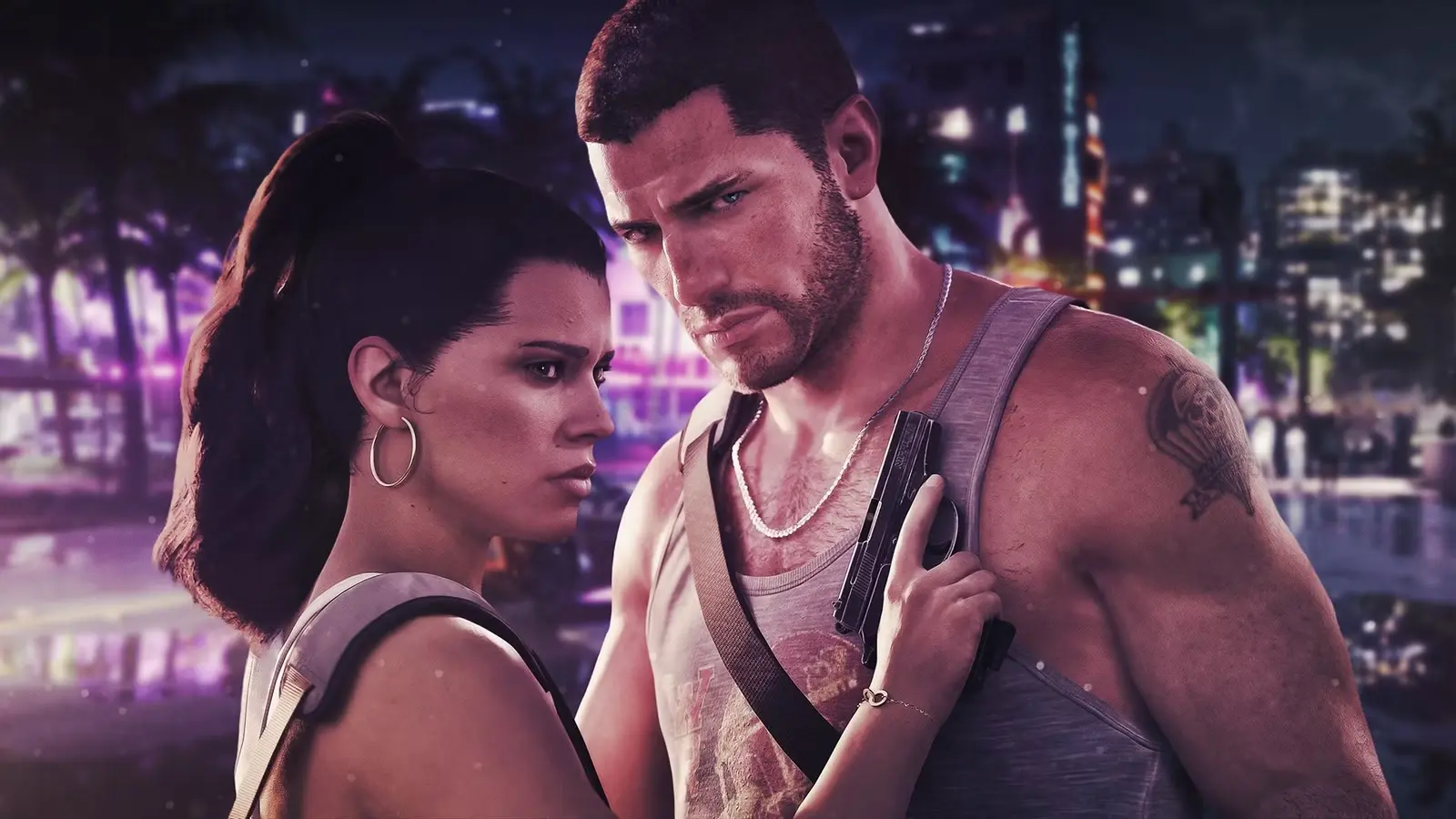 GTA 6 galvenie varoņi Lūsija un Džeisons uz neona izgaismota Vice City fona