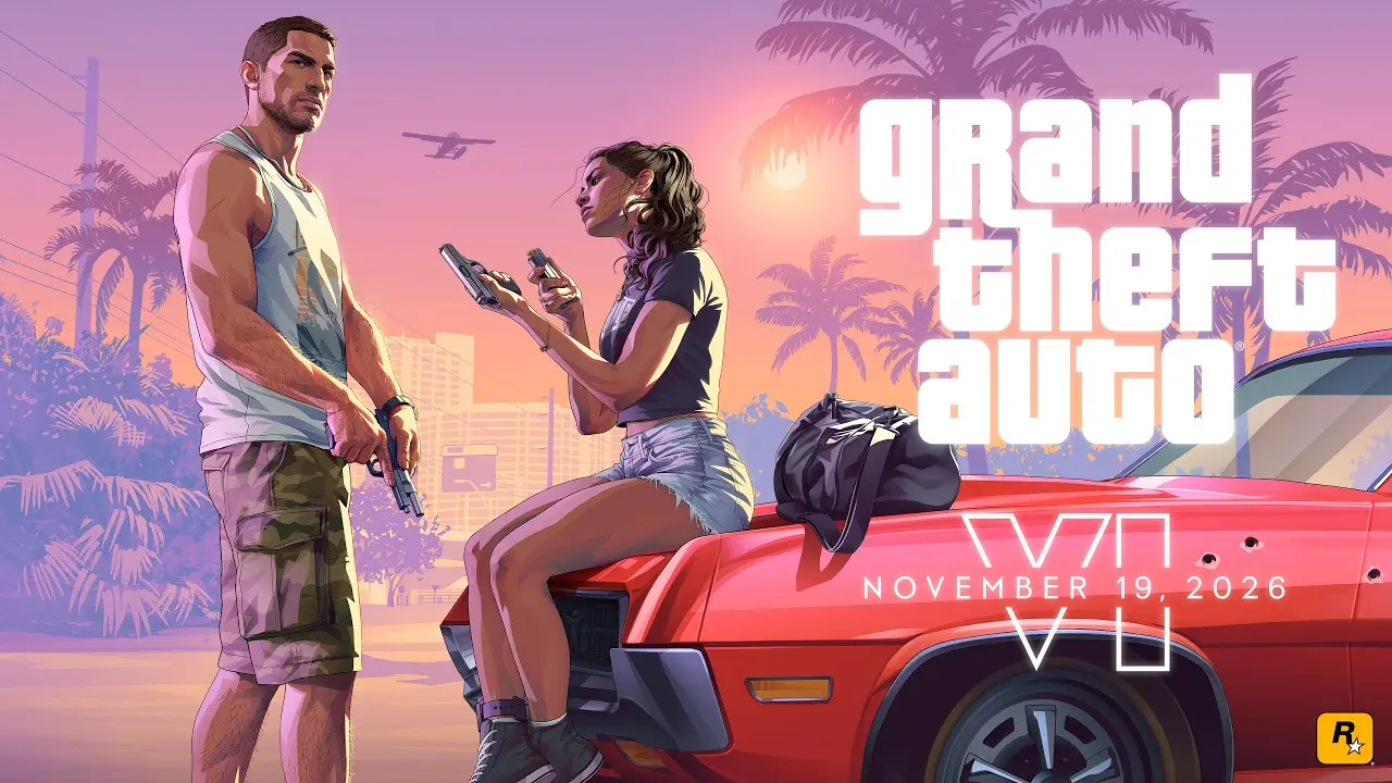 GTA 6 varoņi Džeisons un Lūsija ar ieročiem saulrieta fonā