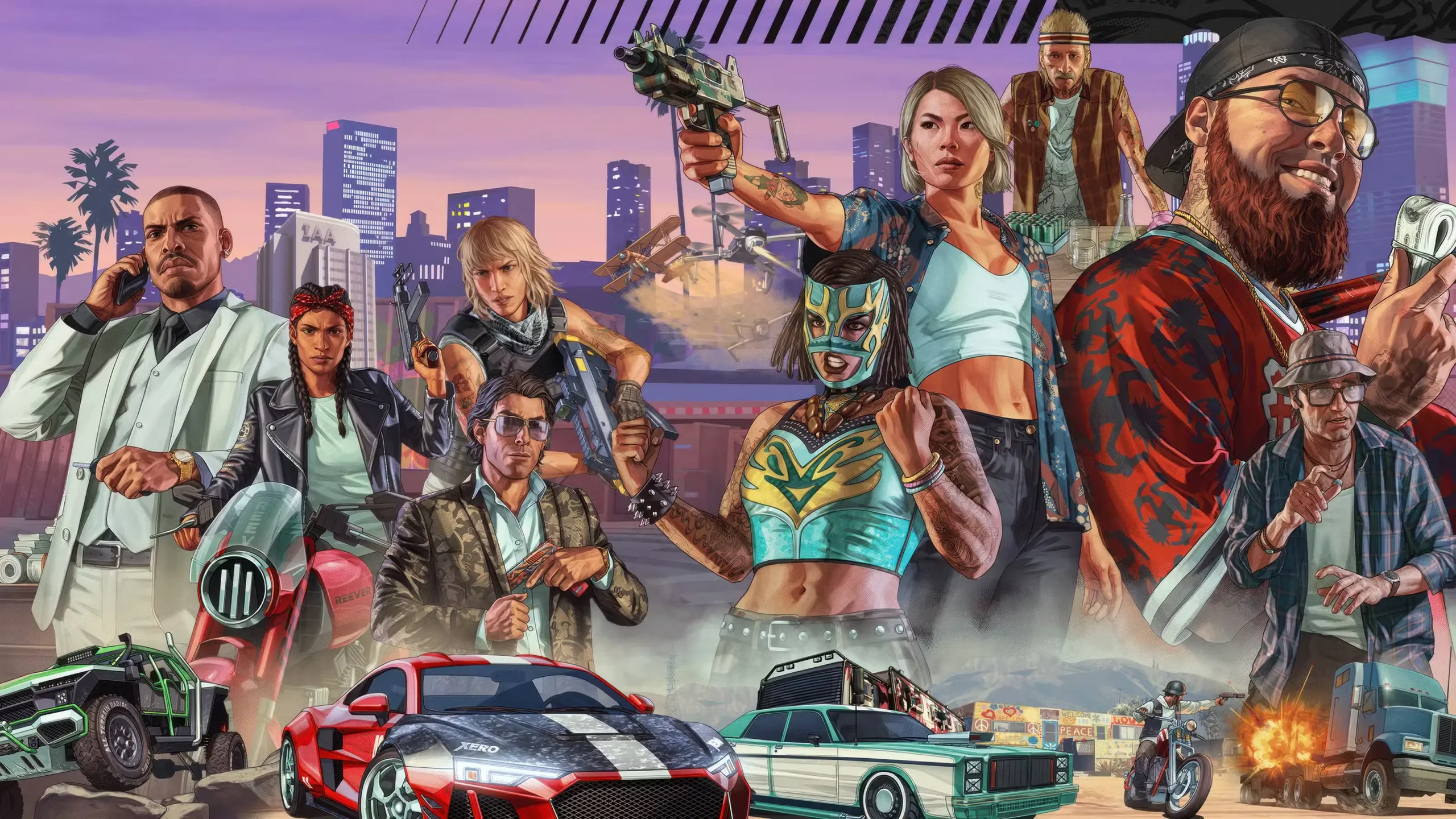 Grand Theft Auto Online kriminālās pasaules un bandu tēlu kolāža ar pilsētas siluetu un ātrām automašīnām