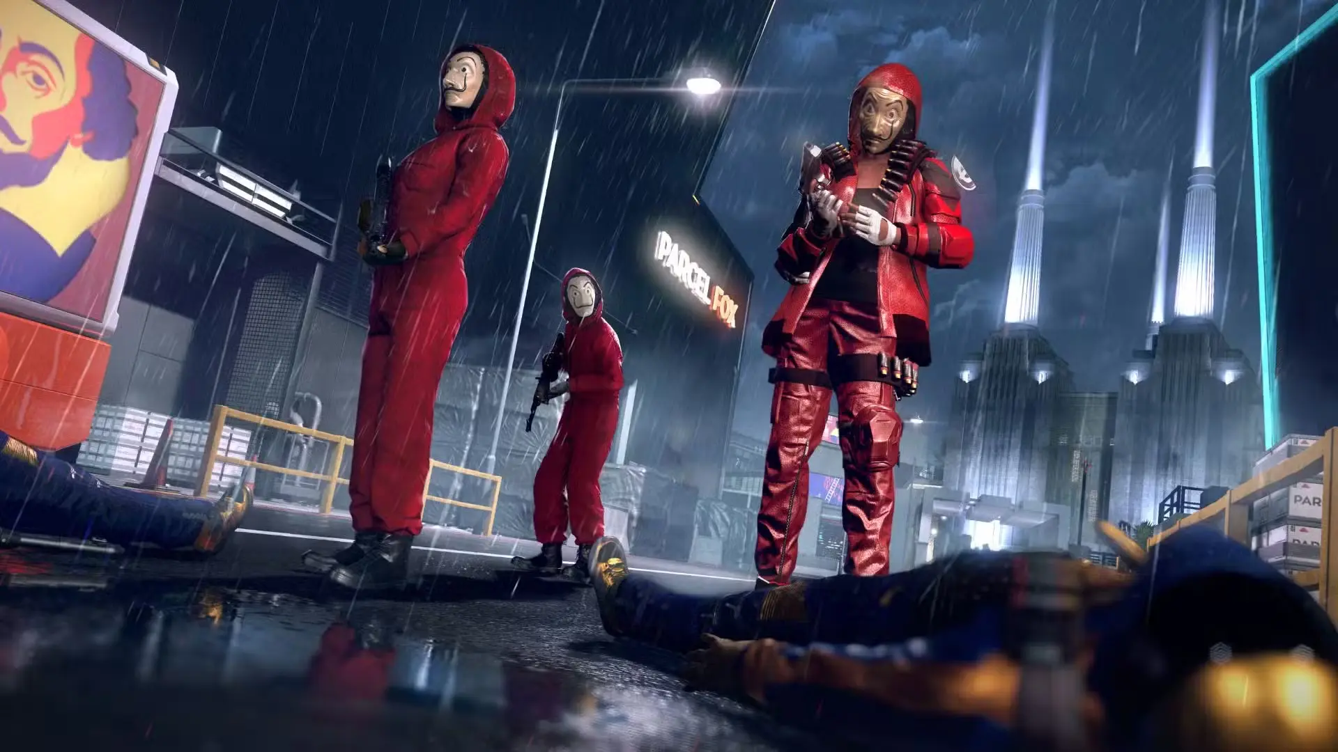 Varoņi sarkanos kombinezonos un maskās ar ieročiem rokās stāv lietainā Londonas ielā Watch Dogs Legion spēlē